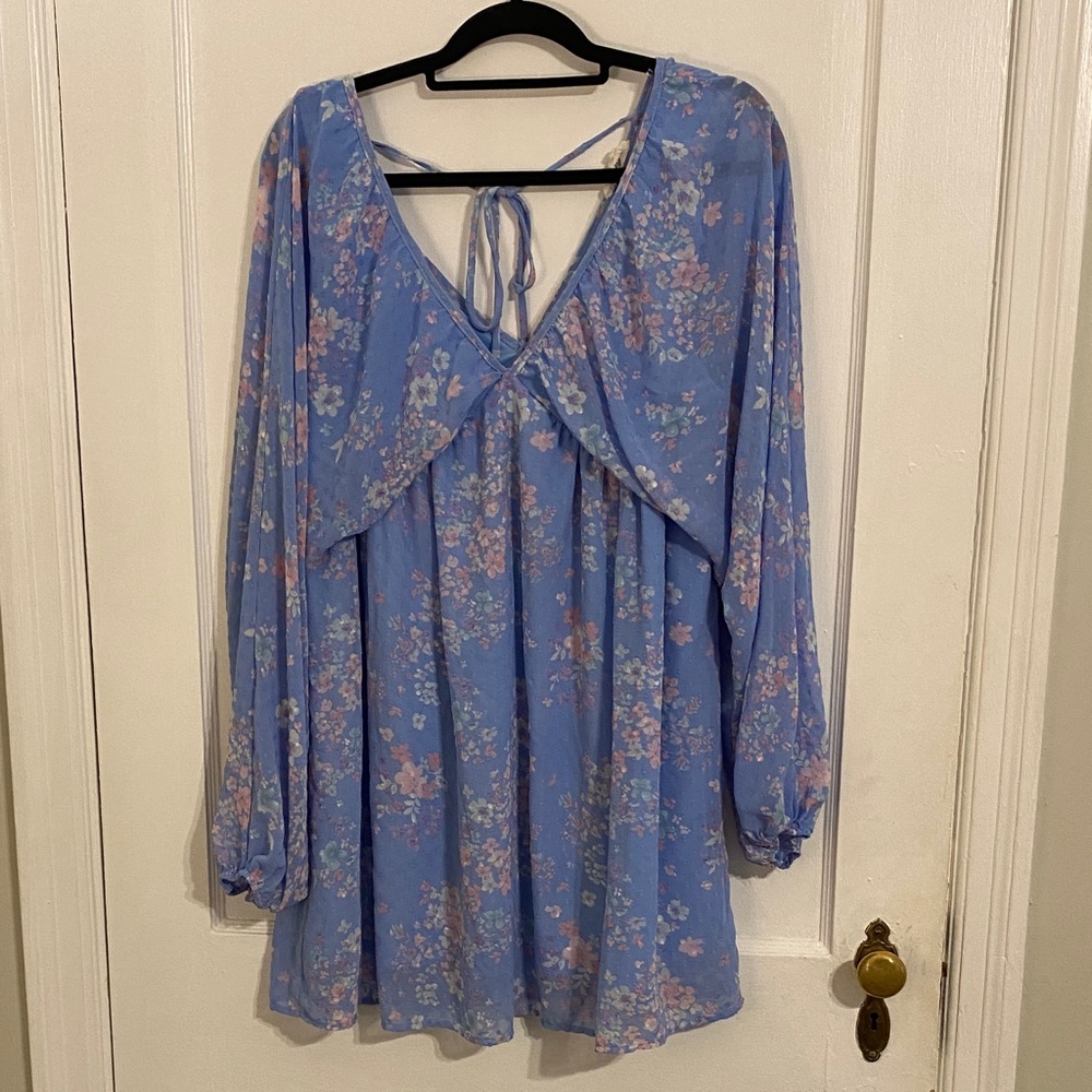 Dress Up Floral Blue Long Sleeve Mini Dress